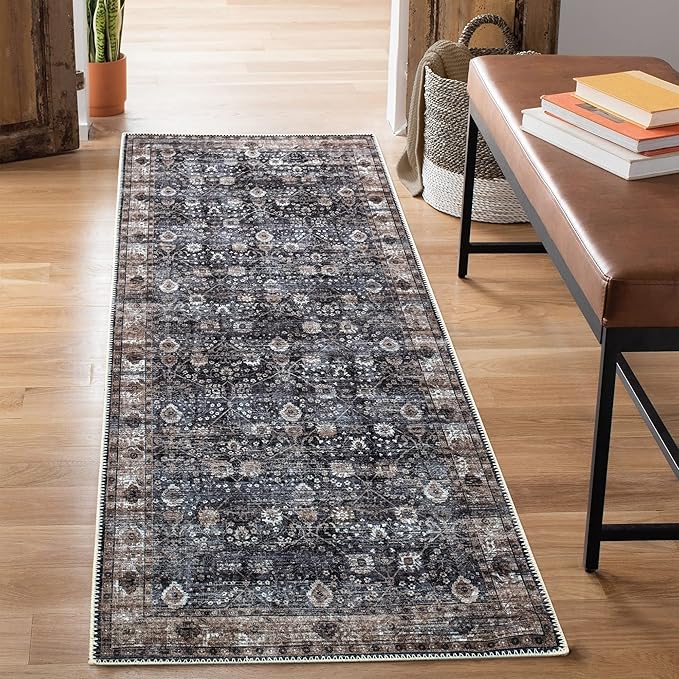 Bloom Rugs Washable Non-Slip 10 ft Runner - Black/Brown Traditional Runner for Entryway, Hallway, Bathroom, and Kitchen - Exact Size: 2.5' x 10'