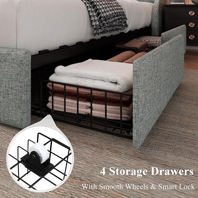 Feonase Queen Size Bed Frame with 4 Storage Drawers, Upholstered Storage Bed with Charging Station, Tufted Wingback Headboard, No Box Spring Needed, Light Grey, FEO737