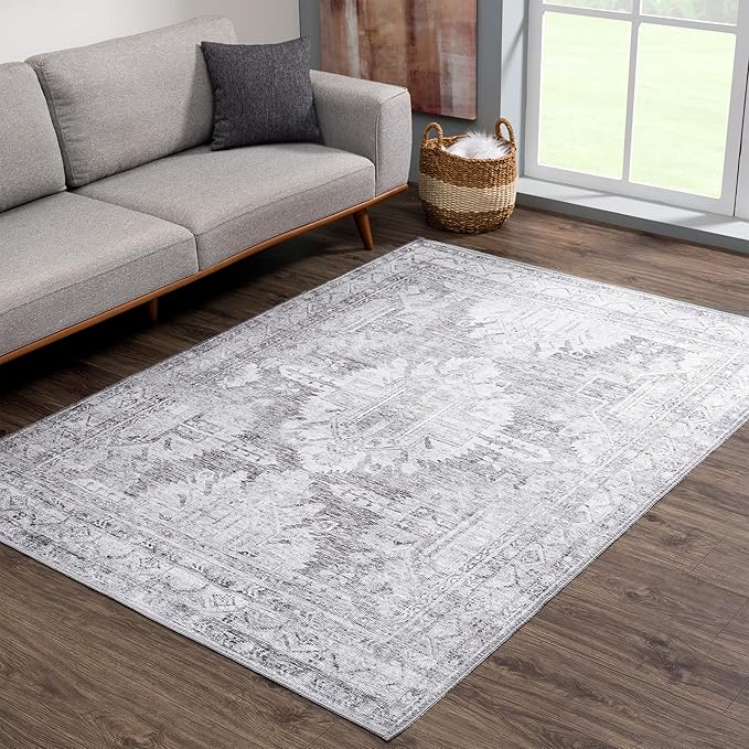 Bloom Rugs Washable 5' x 7' Rug - Ivory/Silver Gray Traditional Area Rug for Living Room, Bedroom, Dining Room, and Kitchen - Exact Size: 5' x 7'