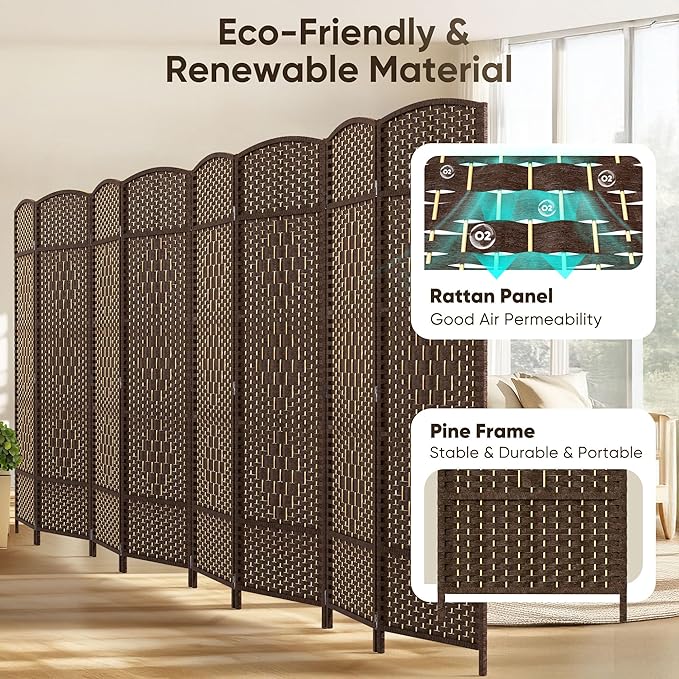 JOSTYLE 6ft. Tall Extra Wide Folding Privacy Screens with Diamond Double-Weave and Freestanding Room Dividers (Brown, 8-Panel)