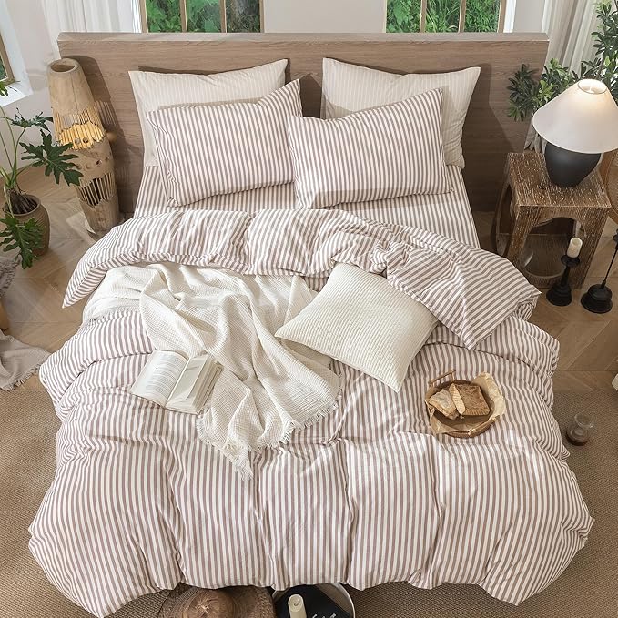 MooMee Striped Duvet Cover Set 100% Washed Cotton Linen Like Textured Breathable Durable Soft Comfy (Orange Classic Stripes, King 104"x90")