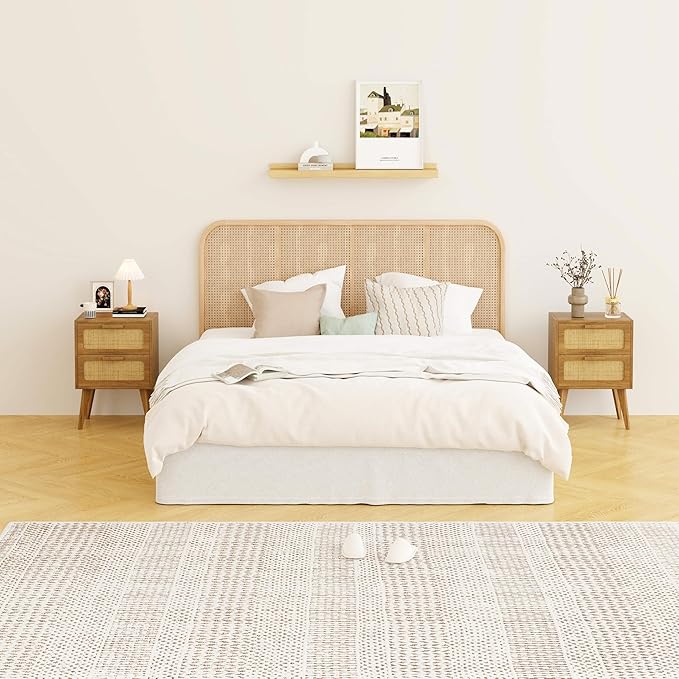 YAUKOMEL Rattan Nightstand,End Table, Side Table with 2 Hand Made Rattan Decorated Drawers,Boho Bedside Table,Wood Accent Table with Storage for Livingroom, Bedroom, Toffee Wood CTG59T
