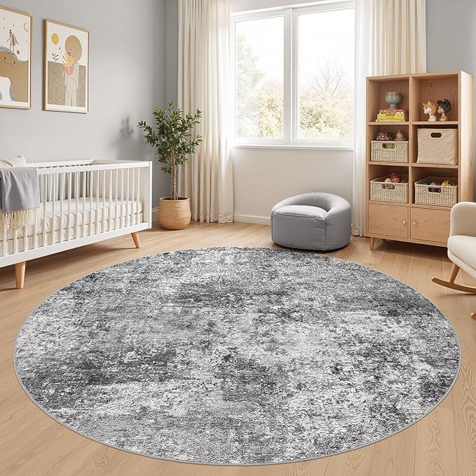 8ft Round Area Rug Living Room Rugs - 8x8 Washable Large Soft Indoor Neutral Modern Abstract Low Pile Rug Carpet for Bedroom Dining Room Farmhouse Home Office - Grey