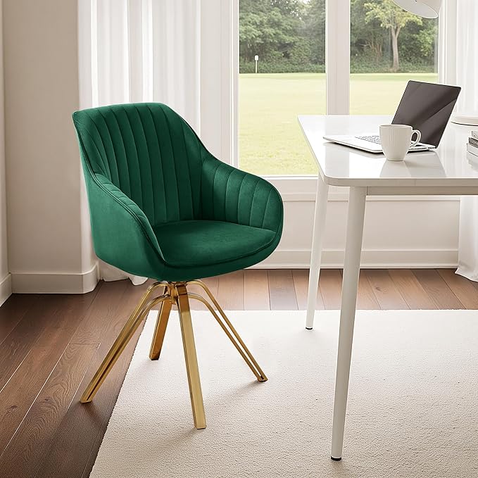 Zouron Mid Century Modern Swivel Accent Chair with Gold Metal Legs, Upholstered Swivel Chair No Wheels, Side Accent Arm Chair Vanity Chair for Small Space Home Office Living Room Bedroom, Green