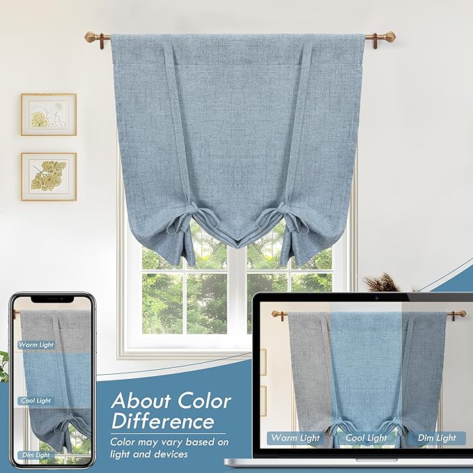 DriftAway Double Layer Linen Blackout Tie Up Curtains Thermal Insulated Fully Lined Balloon Roman Shade Bathroom Window Adjustable Rod Pocket for Small Window 25 Inch by 47 Inch Dusty Blue