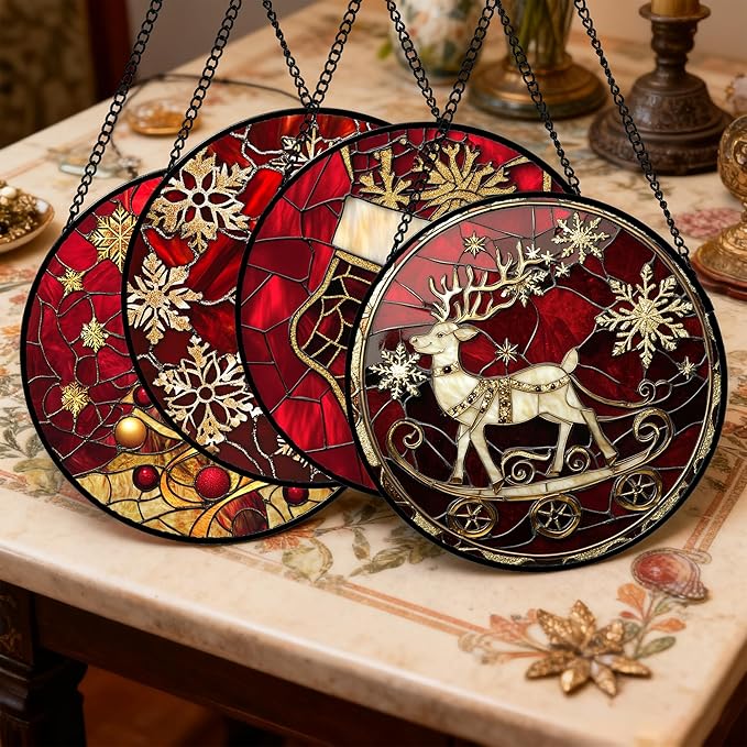 Stained Glass Window Hanging 4 Pcs Set Red Christmas Elk Snowflakes 7.8" - Deer Suncatcher Door Garden Sun Catcher Decor Birthday for Mom Woman Nana Men Friend
