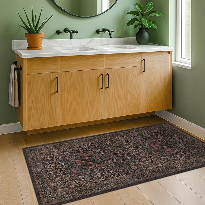Dark Brown 2x4 Entryway Rug, Small Runners for Kitchen, Door Mat Indoor Entrance, Bathroom, Non-Slip Low-Pile Washable Stain Resistant, Vintage Tapue Green Floral Design