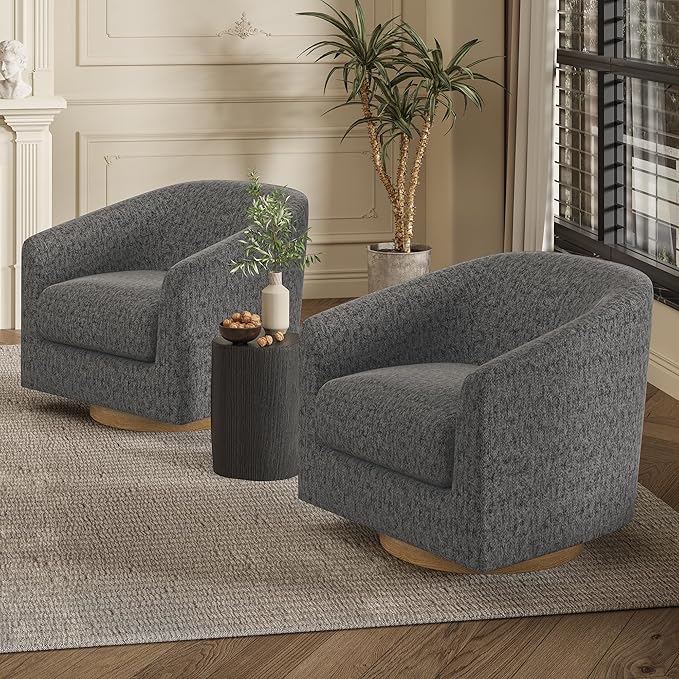 Swivel Barrel Accent Chair with Solid Wood Base, Round Fabric Living Room Arm Chairs, Modern Upholstered Comfty Reading Nook Chairs for Bedroom, Club Armchair, Single Sofa Side Chair, Grey