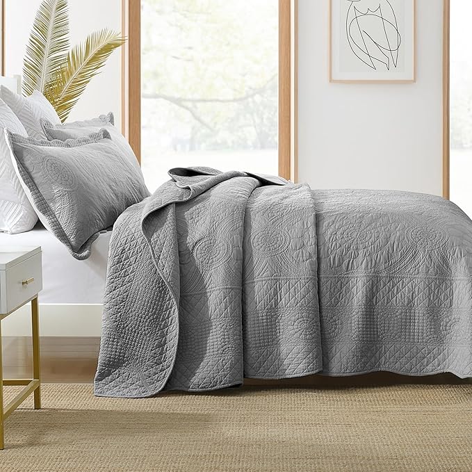 MarCielo 3-Piece 100% Cotton Oversized Bedspread Lightweight Quilt Coverlet Embroidery Farmhouse Bedding Set (Tf Light Grey, Oversized King (118"x106"))