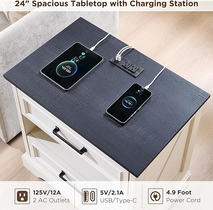 ACCOHOHO 24" Farmhouse Nightstand Set of 2 with Charging Station, 2 Drawers Large Bedside Table with Open Shelf, Rustic End Table for Bedroom - White