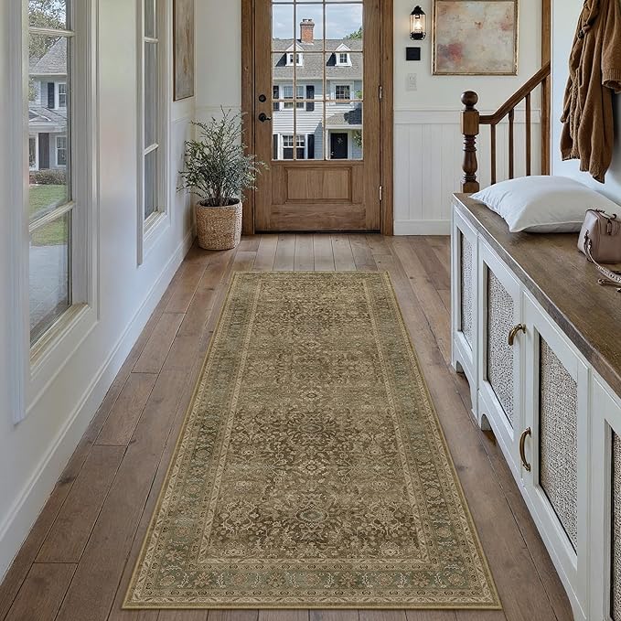 Brown 2x6 Runner Rug Washable Vintage Long Carpet for Hallway Kitchen Soft Retro Floral Low Pile Indoor Runner Non Slip Traditional Distressed Rug for Bathroom Bedroom Laundry Dining Room