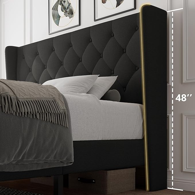 iPormis King Size Platform Bed Frame with Button Tufted Headboard, Upholstered Bed Frame with Solid Wooden Slats, 8" Underbed Space, No Box Spring Needed, Noise Free, Easy Assembly, Black