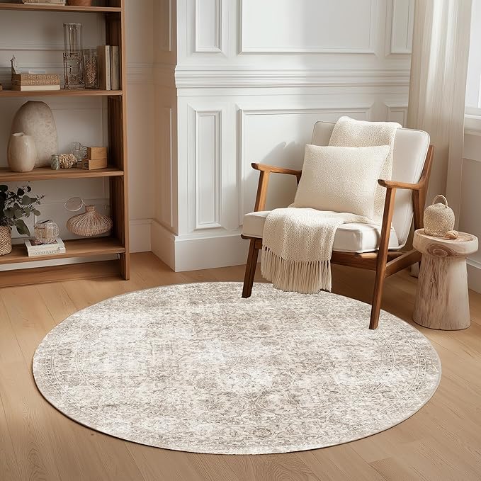 FMFUNCTEX 3ft Round Washable Area Rug Beige Vintage Neutral Distressed Small Non Slip Carpet for Living Room Bedroom Soft Low Pile Indoor Mat Retro Floral Throw Rug for Entryway Bathroom Bedside