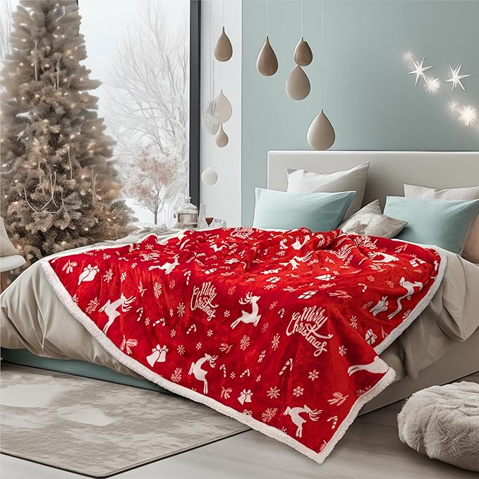 PAVILIA Red Reindeer Christmas Sherpa Throw Blanket, Ultra Soft Reversible Fleece Sherpa 50x60 Winter Blanket for Couch & Bed, Cozy Christmas Home Decor Holiday