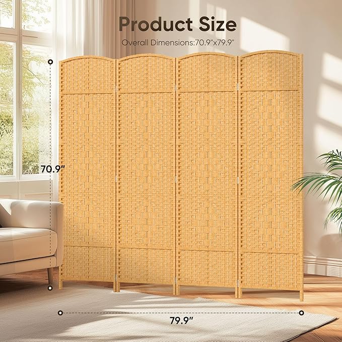 JOSTYLE 6ft. Tall Extra Wide Folding Privacy Screens with Diamond Double-Weave Room dividers and Freestanding Privacy Screens(Yellow, 4-Panel)