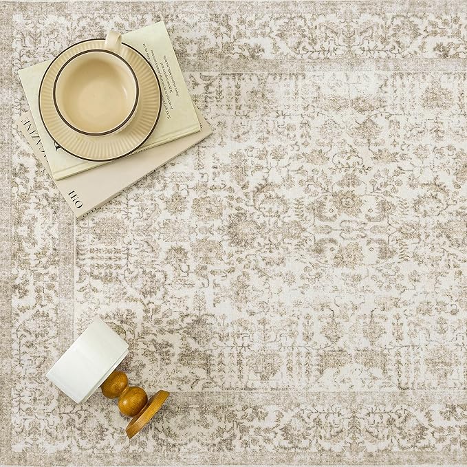 Light Brown Area Rug 10x14 Machine Washable Large Vintage Living Room Distressed Non Slip Carpet Traditional Indoor Bedroom Retro Floral Accent Throw Rug for Office Kitchen Dining Room