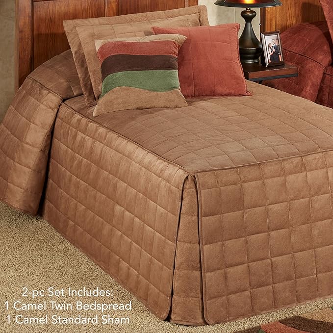 Touch of Class Camden Luxury Bedding | Neutral Camel Color | Classic Fitted Bedspread | Faux Suede Box Quilted Design | Designed 2 Piece Set Includes Twin Bedspread and 1 Standard Sham