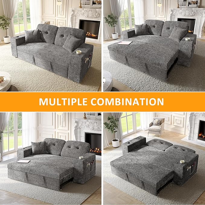 63 Inch Sleeper Sofa Bed, 4 in 1 Pull Out Couch Bed with Adjustable Backrest, Small Loveseat with Wide Armrest | USB Charging | Side Pockets | Cup Holders | Tool Free Assembly, Grey Chenille