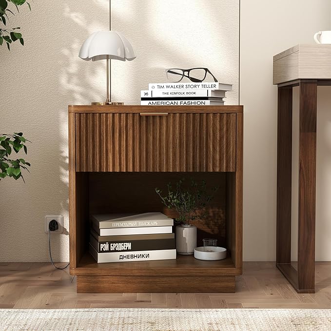 Miereirl Fluted Nightstand with Charging Station, Wood Mid Century Modern Night Stands Storage Cabinet for Bedside Table with Metal Handle Drawers, Walnut Oak