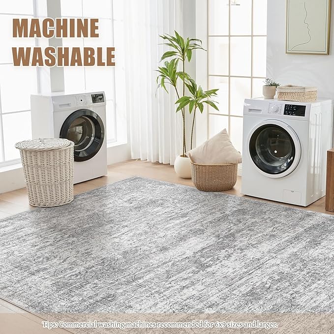 Area Rug Living Room Rugs - 8x10 Abstract Large Soft Indoor Washable Rug Neutral Modern Low Pile Carpet for Bedroom Dining Room Farmhouse Home Office - Vintage Grey