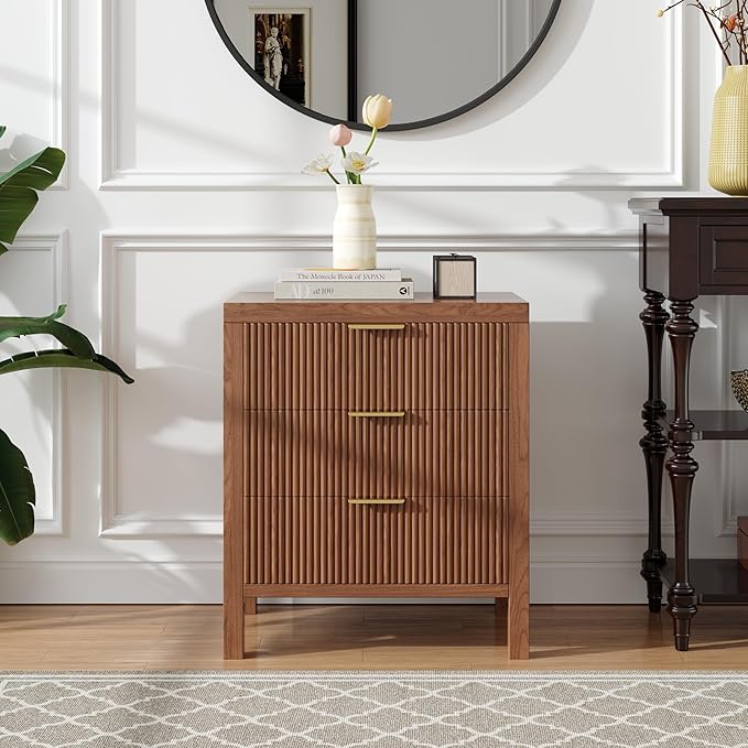 Fluted Nightstands Set of 2, Wooden Farmhouse Night Stands with 6 Drawer Bedside Table - Boho Tall End Table Accent Table for Bedroom, Living Room, Walnut