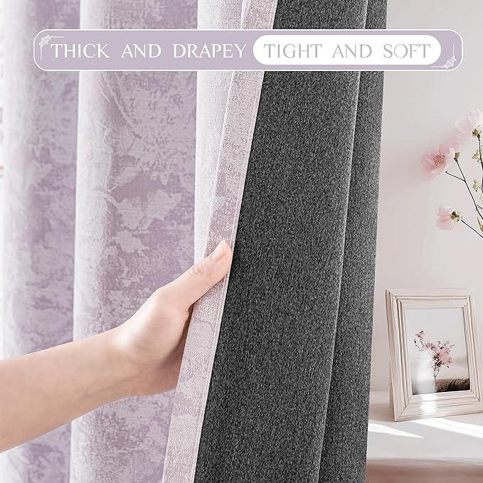 Beauoop Purple Floral Jacquard Blackout Curtains 96 Inches Long 2 Panels for Bedroom Living Room Flower Chenille Room Darkening Thermal Insulated Soundproof Grommet Window Treatments Drapes 52x96