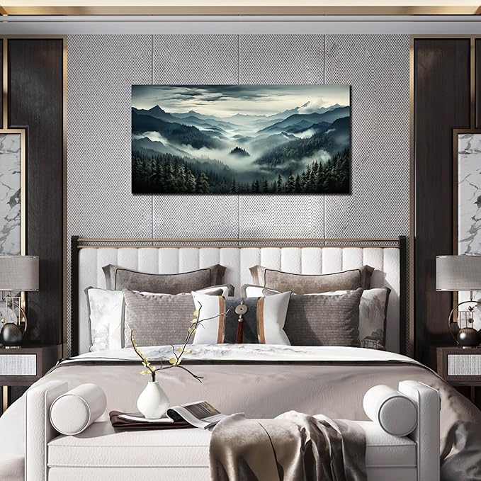 Large Living Room Wall Art Foggy Green Forest Artwork for Bedroom Home Office Nature Pictures Modern Wall Art Framed Canvas Prints 20x40 Inch