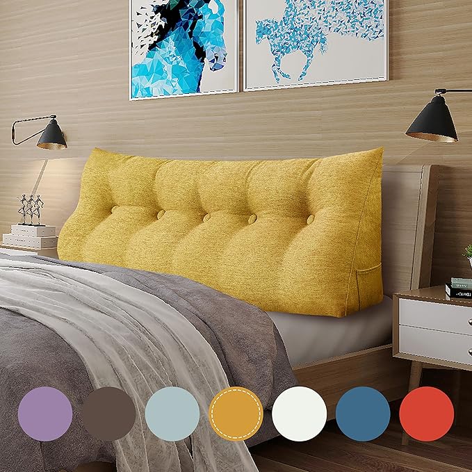 homecozy Wedge Headboard Pillow Dorm Room Reading Pillow Back Support for Sitting Up in Bed Bolster Lumbar Cushion Body Positioning Bedrest Gift for Mom Cotton Linen 59in Yellow Queen
