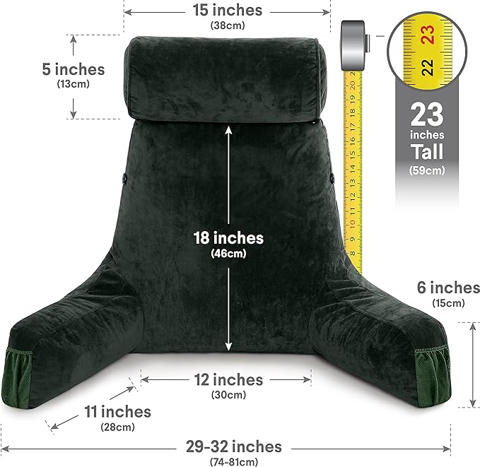 Husband Pillow Medium Dark Green, Backrest Kids, Teens, Petite Adults - Reading Pillows with Arms, Adjustable Loft, Plush Memory Foam, Bed Rest Chair Sitting Up, Detach Neck Roll, Removable Cover