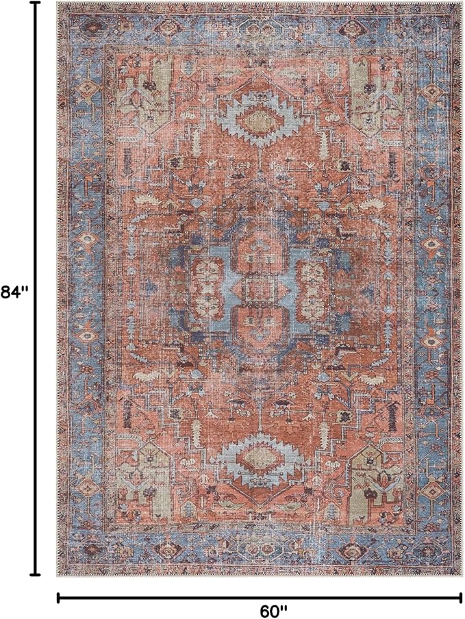 Bloom Rugs Washable 5' x 7' Rug - Terracotta/Blue Traditional Area Rug for Living Room, Bedroom, Dining Room, and Kitchen - Exact Size: 5' x 7'