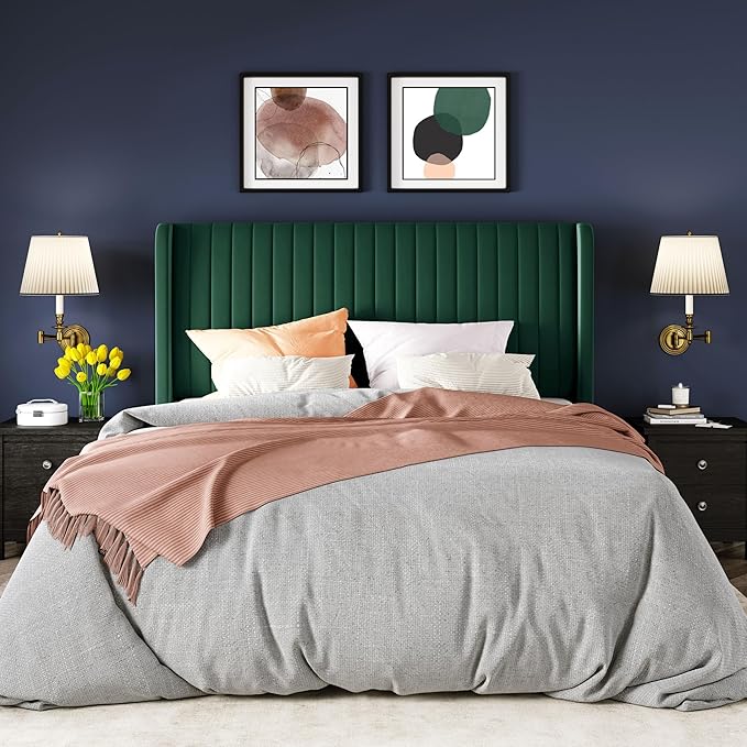 Allewie Queen Size Bed Frame/Velvet Upholstered Platform Bed/Vertical Channel Tufted Wingback Headboard/Strong Wooden Slats/No Box Spring Needed/Easy Assembly/Green