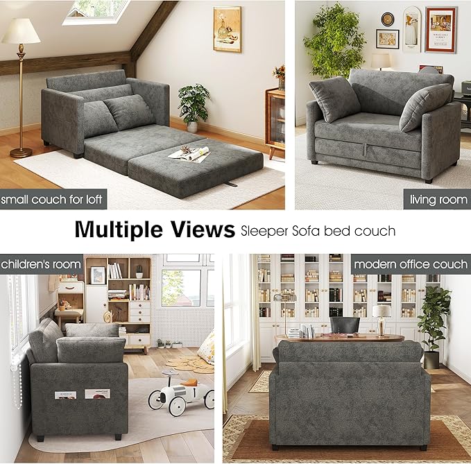 51" Loveseat Sleeper Sofa Bed, Chenille Convertible Floor Sofa Bed for Small Spaces, Folding Couch Bed with Deep Seat, 2 Pillows & Solid Frame, Pull Out Floor Couch for Living Room, Grey