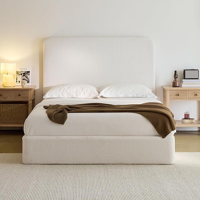 Queen Size Upholstered Bed Frame, 52" High Headboard Wingback Bedframes, Canter Tall Headboard Floor Platform Beds, No Box Spring Needed No Noise/Easy Assembly/Minimalist, Pearl White Chenille