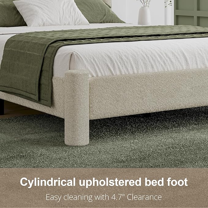 King Size Bed Frame, Boucle Bed Frame with Headborad, Soft Upholstered Platform Bed Frame with Rounded Corners, No Box Spring Required, Easy Assembly, Cream