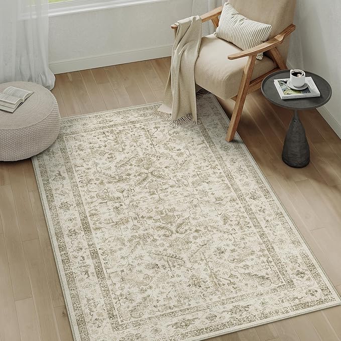 Taupe 4x6 Entryway Rug Vintage Area Carpet Indoor Office Washable Door Mat Entrance Small Low Pile Traditional Distressed Retro Accent Throw Rug Non Slip Kitchen Bathroom