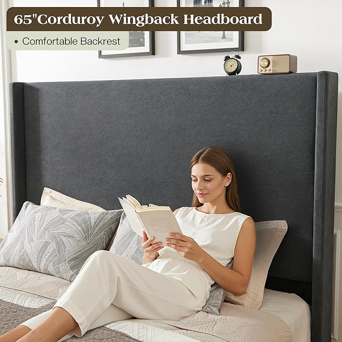 King Bed Frame with 65" Tall Headboard, Horizontal Fine Corduroy Bed Frame with Wingback, Upholstered Platform Bed, Vintage Solid Wood Gourd Legs, No Box Spring Needed, Black