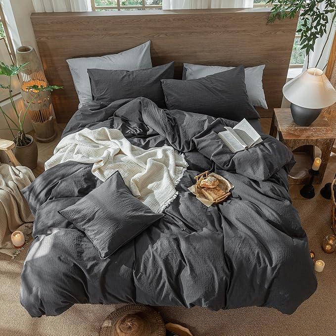 MooMee Wavy Striped Duvet Cover Set 100% Washed Cotton Linen Like Textured Breathable Durable Soft Comfy (Charocal Grey, Palatial King/Oversized King 120"x98")
