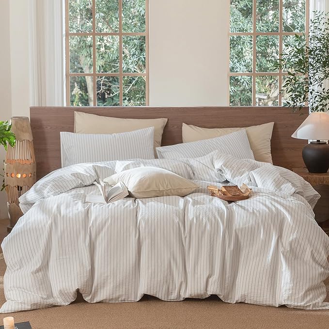 MooMee Striped Duvet Cover Set 100% Washed Cotton Linen Like Textured Breathable Durable Soft Comfy (White Cornflower Blue Wide Stripes, Super King Plus 120"x120")