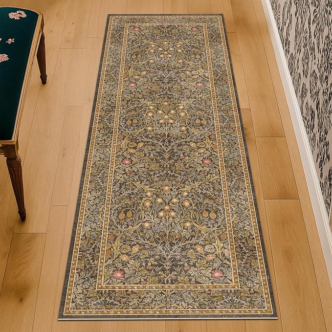 Brown 2'6" x 8' Runners for Hallways Non Slip, Extra Long Floor Runner for Kitchen, Entryway Indoor, Washable Rubber Backing Stain Resistant - Soft Boho Vintage Gold Brown Floral Décor