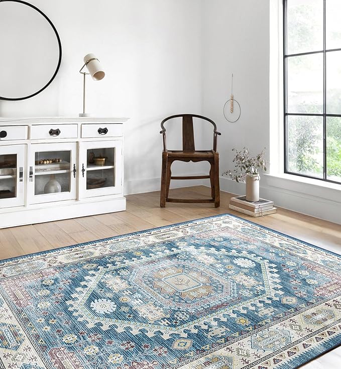 vivorug 8x10 Area Rugs for Living Room, Non-Slip Backing Washable Rug 8x10, Blue Large Area Rug Soft Carpet for Bedroom Dining Room, Vintage, Easy Clean, Durable, Low Pile Rug Under Table