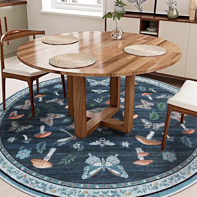 Mushroom Insect 6ft Round Rug Washable Non-Slip Soft Ultra-Thin Boho Circle Carpet for Living Room Bedroom Kitchen Nursery Dining Room Blue