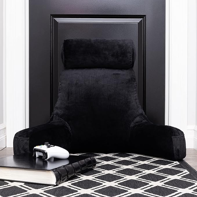 Husband Pillow Medium Black, Backrest for Kids, Teens, Petite Adults - Reading Pillows with Arms, Adjustable Loft, Plush Memory Foam, Bed Rest Chair for Sitting Up, Detach Neck Roll, Removable Cover