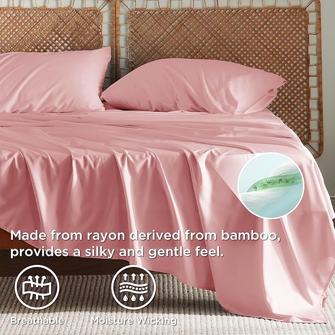 Bedsure King Size Sheets Set, Cooling Sheets for Hot Sleepers, Rayon Derived from Bamboo, Breathable & Soft, Deep Pocket Up to 16 Inches, Hotel Luxury Silky Bedding, Blush Pink