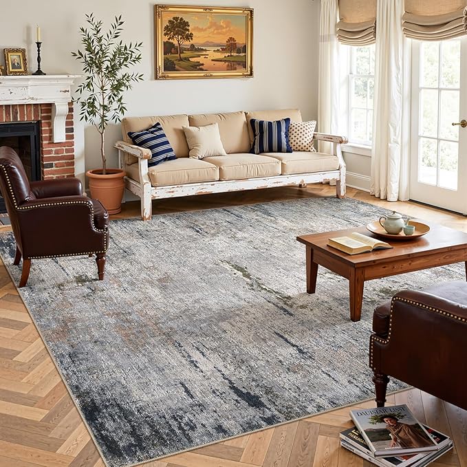 Area Rug Living Room Rugs - 10x12 Washable Large Soft Indoor Neutral Modern Abstract Low Pile Rug Carpet for Bedroom Dining Room Farmhouse Home Office - Blue/Grey/Brown