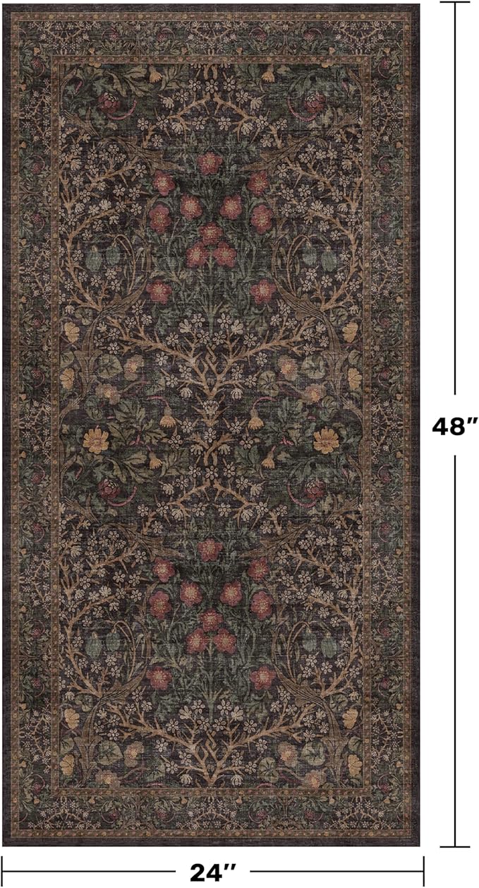 Dark Brown 2x4 Entryway Rug, Small Runners for Kitchen, Door Mat Indoor Entrance, Bathroom, Non-Slip Low-Pile Washable Stain Resistant, Vintage Tapue Green Floral Design