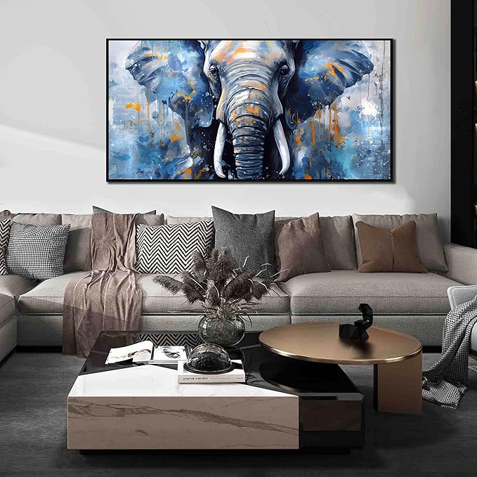 Elephant Wall Art for Living Room, Animal Canvas Wall-Decor for Bedroom, Blue Picture Print, Large Size 59x29 Inches Framed