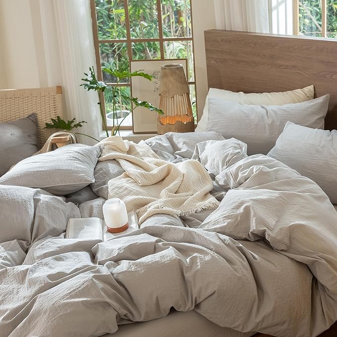 MooMee Wavy Striped Duvet Cover Set 100% Washed Cotton Linen Like Textured Breathable Durable Soft Comfy (Light Grey, Full 80"x90")