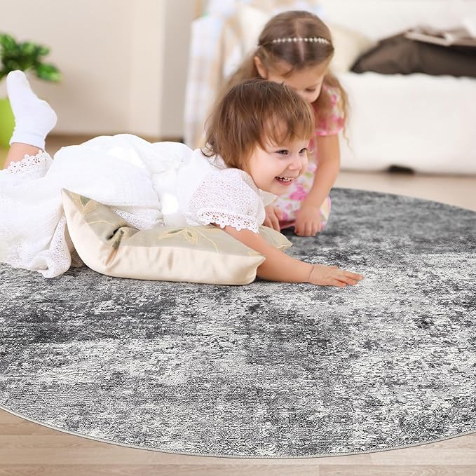 5ft Round Area Rug Living Room Rugs - 5x5 Washable Large Soft Indoor Neutral Modern Abstract Low Pile Rug Carpet for Bedroom Dining Room Farmhouse Home Office - Grey