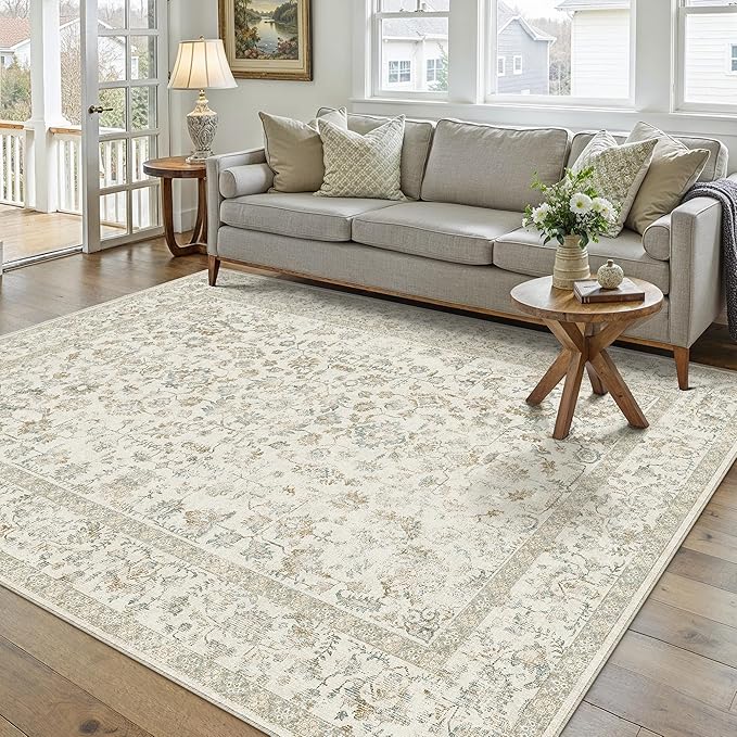 5x7 Taupe Area Rug Non Slip Vintage Living Room Distressed Machine Washable Carpet Traditional Indoor Bedroom Taupe Retro Floral Accent Throw Rug for Office Kitchen Dorm Dining Room
