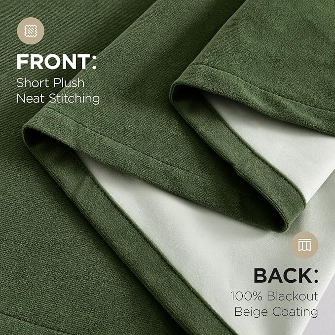 Joydeco Olive Green 100% Blackout Curtains 120 Inch 2 Panels, Luxury Thermal Green Velvet Curtains for Bedroom Living Room, Soundproof Blackout Window Drapes, Rod Pocket & Back Tab (52W x 120L)